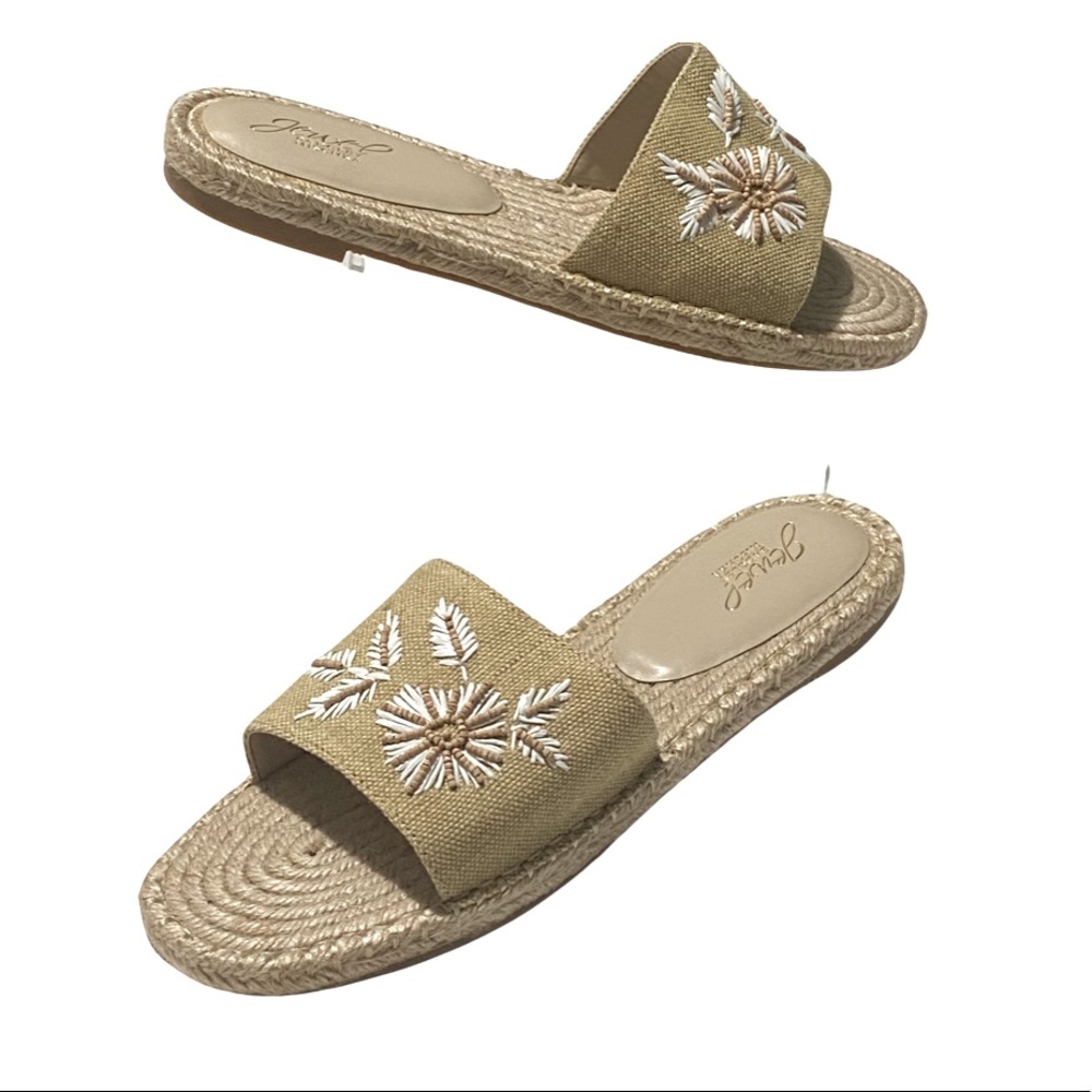 Badgley Mischka Espadrille Slides, Tan & White Raffia Embroidery, Beads, Floral